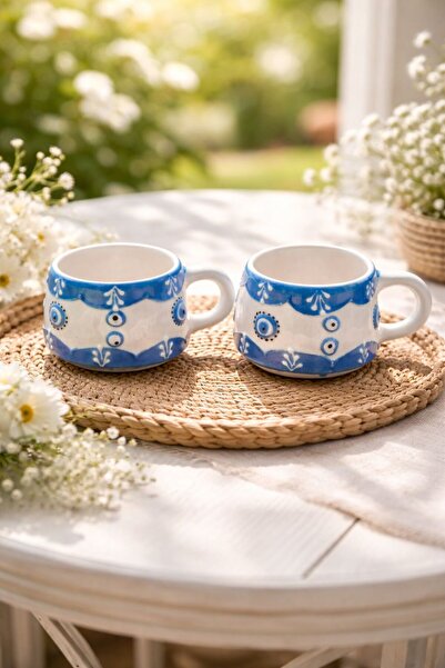 evinbizden Ege Nazarı Desen 2'li Kupa / Mug El Dekorlu Seramik Kahve Çay Espr...