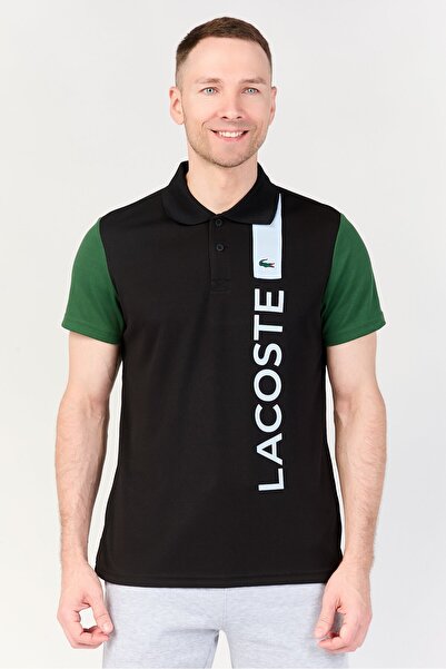 Lacoste قميص بولو للتنس بأكمام قصيرة للرجال، مقاس عادي، لون أسود