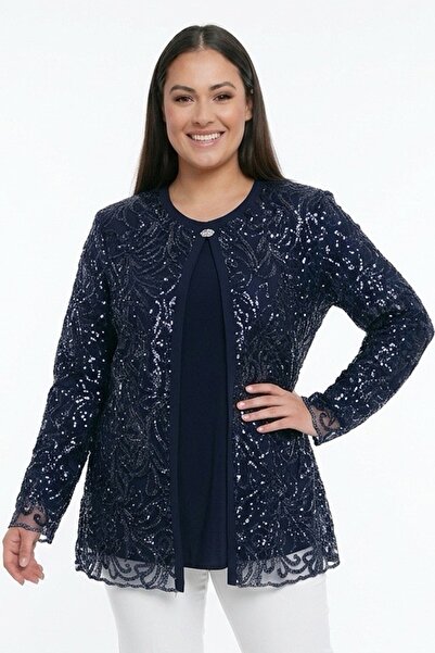 By Saygı Γυναικεία μπλούζα με μανίκια από λύκρα, παλτό από τούλι με κέντημα α...