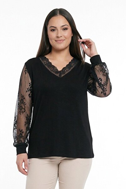 By Saygı Γυναικεία μπλούζα με δαντέλα στο γιακά και στις μανίκια, μεγάλου μεγ...