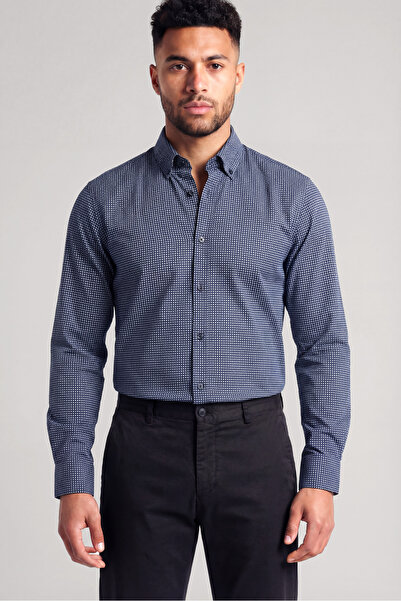 PAUL&SHARK Men's Slim Fit Cotton Micro Patterned Long Sleeve Blue Shirt 26413...