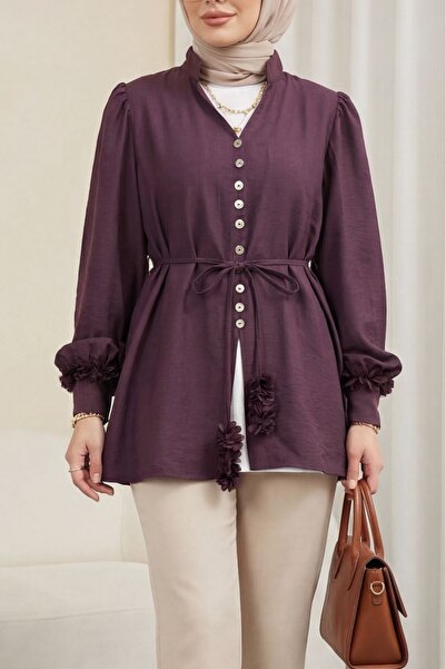 Modamorfo V-Neck Modal Shirt with Floral Sleeves and Buttoned Lace-Up - Plum