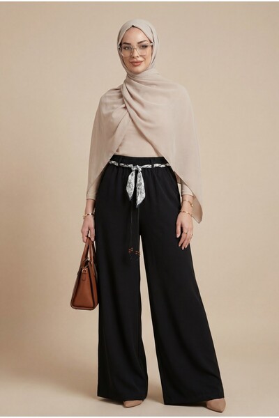 Modamorfo Λινό παντελόνι με φαρδιά μπατζάκια, ελαστική μέση και τσέπες - μαύρο