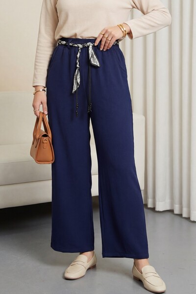 Modamorfo Λινό παντελόνι με φαρδιά μπατζάκια, ελαστική μέση, ζώνη και τσέπες ...