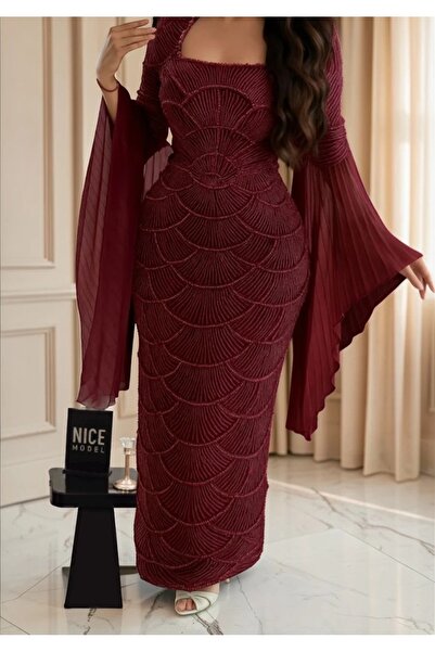 Nice Model Luxury Chiffon Sleeve Pearl Beaded Long Evening Dress