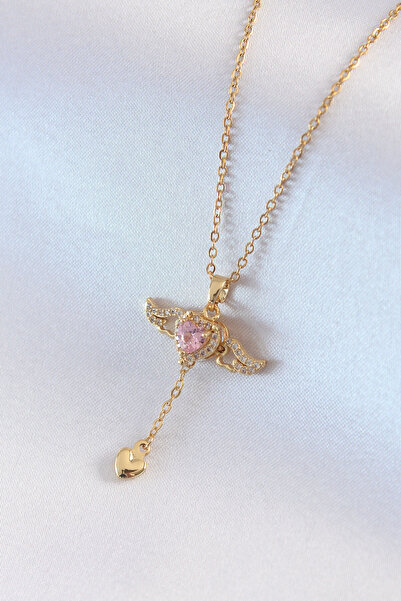 Nehir Stylish 316L Steel Gold Color Winged Heart Model Zircon Stone Detail Wo...