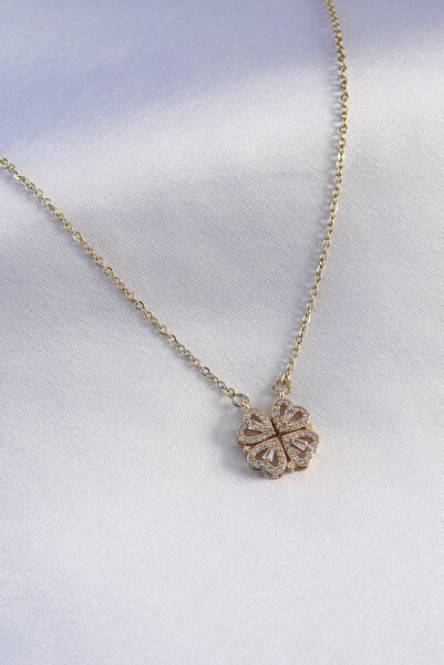 Nehir Stylish 316L Steel Gold Color Openable Zircon Stone Clover Model Women'...