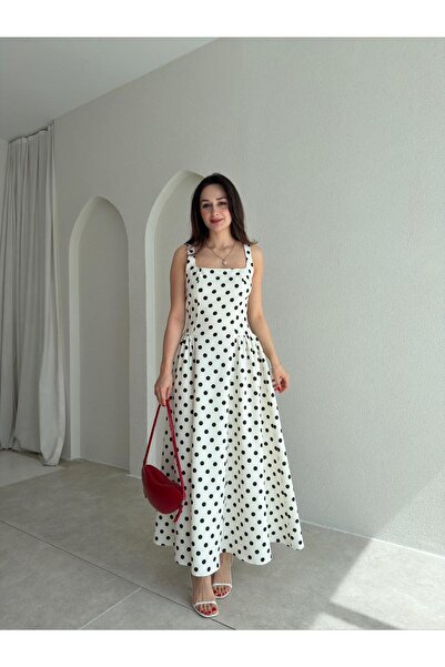 Mooi Butik WOOD Φόρεμα Μάξι Πουά 9009 - Λευκό