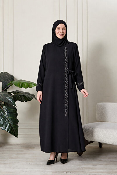 Ferace Kadın Büyük Beden Etamin Kumaş Abaya Modeli – Taş Detaylı, Bağlama Kuş...