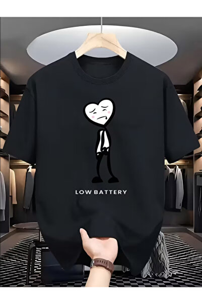 NOURAM Style T-Shirt "Low Battery Heart Stick Figure" Print - Soft Round Neck...
