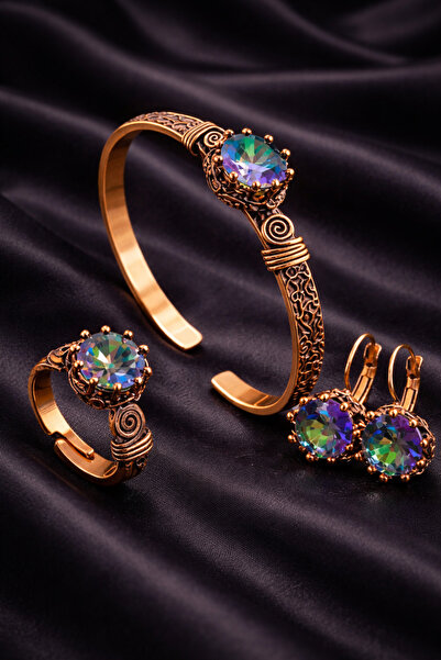 Otto Man Steel Jewelry Kadın Bakır Set Yuvarlak Mistik Topaz Taşlı Bileklik Y...