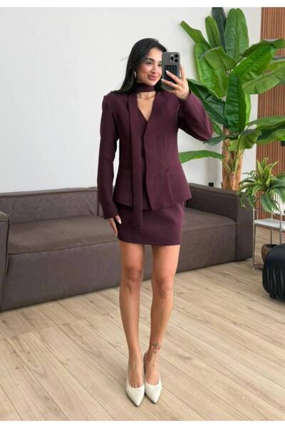 asyadabutik Γυναικείο Σετ με Μίνι Φούστα και Παλτό με Λεπτομέρειες και Επένδυση