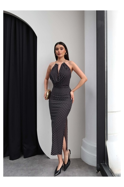 ESRAHELVACI Πουά Φόρεμα Μίντι με Σχισμή στο Λαιμό και Λεπτομέρειες