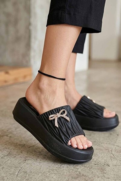 Kinetix Women's Black Stone Bow Detailed High Platform Sole Comfortable Daily...