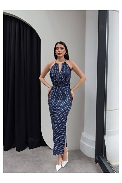 ESRAHELVACI Πουά Φόρεμα Μίντι με Σχισμή στο Λαιμό και Λεπτομέρειες