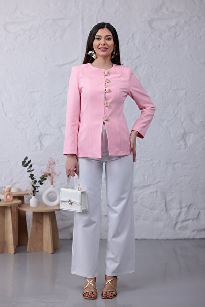 Eseclass Ροζ κομψό γυναικείο μπλέιζερ μπουφάν με χρυσές λεπτομέρειες στα κουμπιά