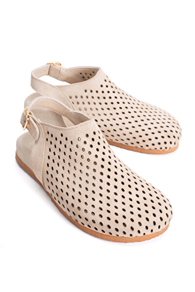 PASSAGE SHOES Women's Genuine Leather Sandals with Hole Detail 6357 Beige Suede