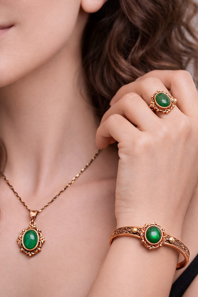 Otto Man Steel Jewelry Kadın Yeşil Akik Taşlı Kolye Yüzük Bileklik Bakır Takı...