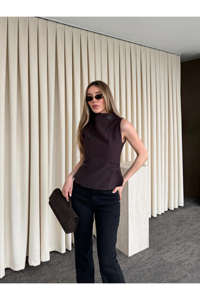 Laluvia Brown Adjustable Belted Buttoned Blouse - 70265