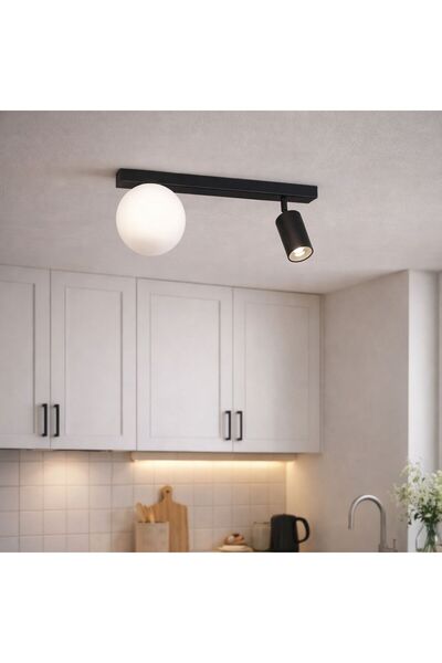 DİĞER418 Modern Plafonyer Avize Siyah 40 Cm Cam Küre Yönlü Spot Metal Tavan A...