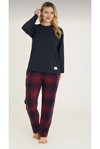 KLY طقم بيجامة نسائي بأكمام طويلة منقوش باللون الأزرق الداكن