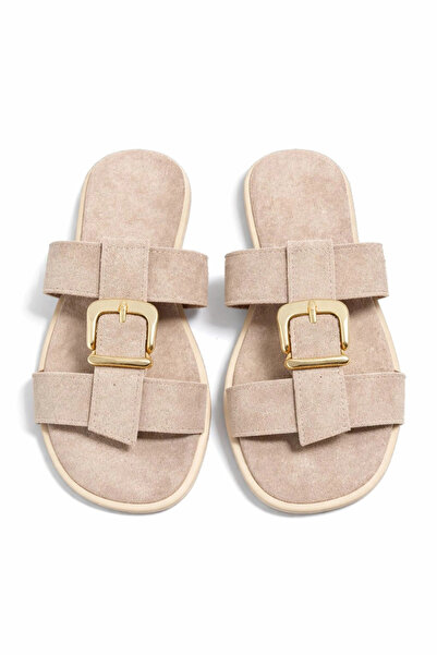 bakacstore Women's Beige Suede Fabric Gold Buckle Detailed Comfortable Sole S...