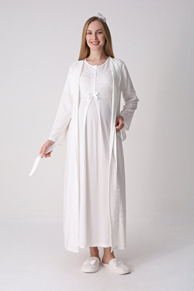 ERDENİZ TEKSTİL Νυχτικό εγκυμοσύνης με υφή σχεδίου και δαντέλα, σετ 2 τεμαχίων