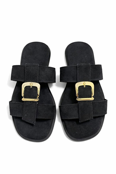 bakacstore Women's Black Suede Fabric Gold Buckle Detailed Comfortable Sole S...