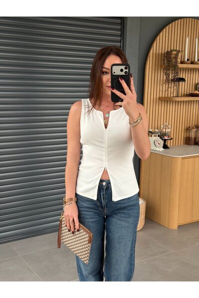 xyoung Fermuarlı Kolsuz Body EKRU
