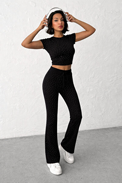 veres Elora Black Stone Crop Tshirt and Spanish Leggings Top-Bottom Set