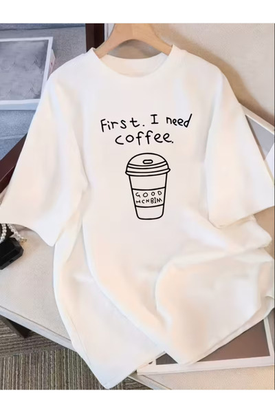 NOURAM Women's T-Shirt - "First I Need Coffee" Graphic Print, Loose Fit Casua...