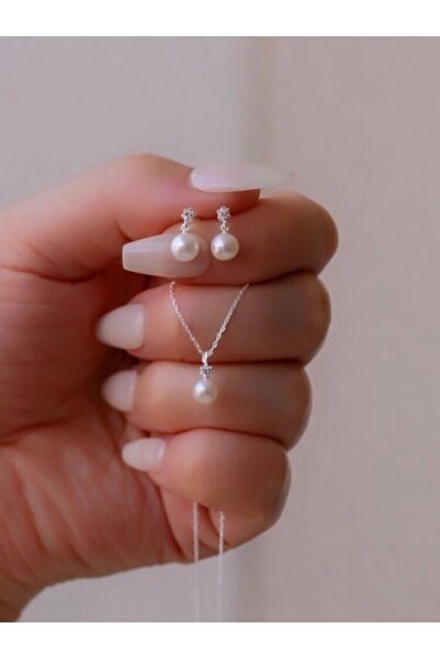 passion silver İnci Tektaş Gümüş renk Kadın Kolye Küpe Seti