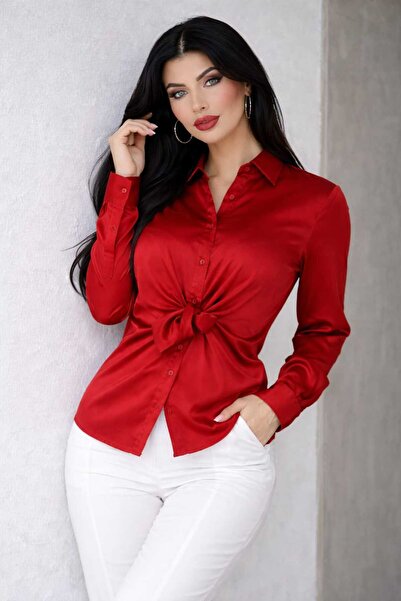 DİMA Γυναικείο σατέν πουκάμισο με μακριά μανίκια και λεπτομέρεια δεσίματος μπ...