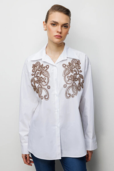 Ekol Beaded Embroidered Long Sleeve Cotton Shirt-2806
