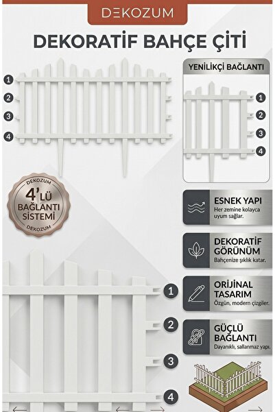DEKOZUM FLORA 4 ADET Bahçe Çiti Dekoratif Plastik Esnek Beyaz Çit