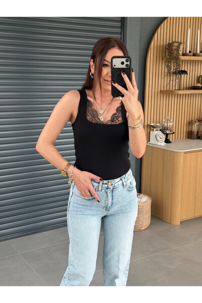 X-Young Kare Yaka Dantel Detaylı Atlet SİYAH