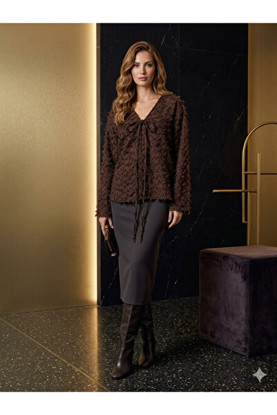 Moda Palmiss Γυναικεία μπλούζα κιμονό με λεπτομέρεια από φούντα σε άγχρωμο κα...