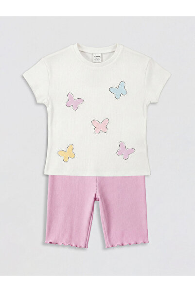 LC Waikiki LCW Kids Εκρού Μπλούζα και Κολάν για Κορίτσια με Στάμπα