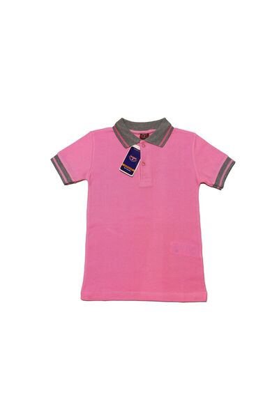 Polo Yaka Pamuklu Kısa Kol Gri Pembe Çizgili Yaka Pembe Çocuk Okul Tişört - T shirt