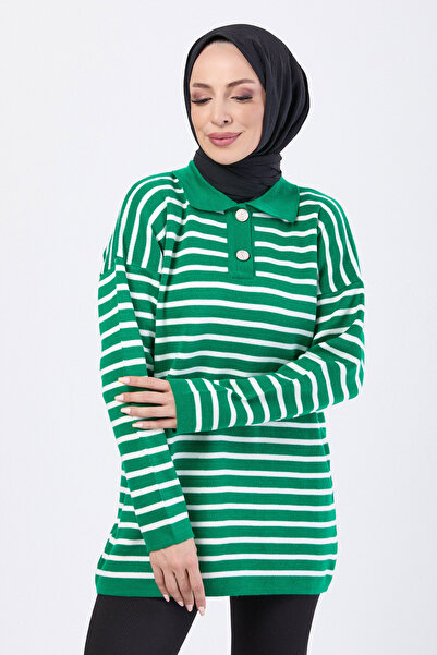 TOFİSA Double Button Striped Knit Sweater Green - 27628