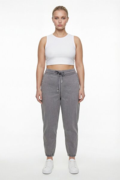 EXİTLİNE Women's Smoked Summer Denim Trousers with Elastic Waist and Accessor...
