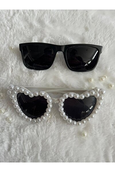 WORDAKS White Pearl Heart Glasses for Bride and Groom, Double Bride Current a...