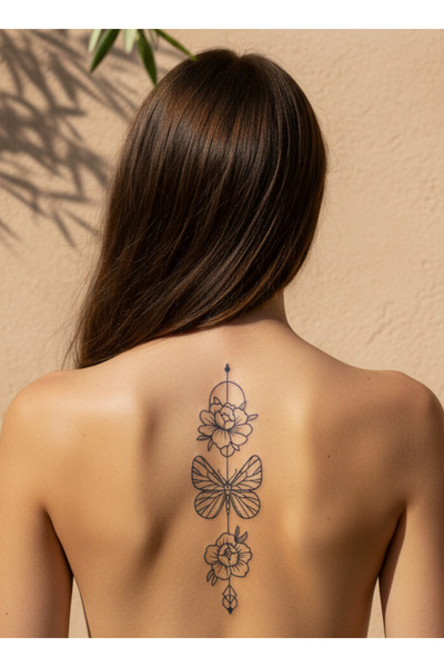 pivok 1 Ay Kalıcı İnce Çizgili Çiçek ve Kelebek Desenli Geçici Dövme Tattoo