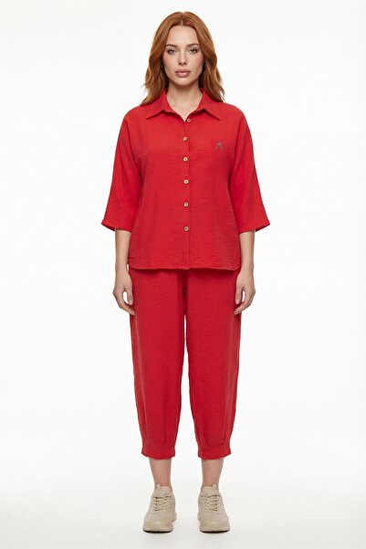 EXİTLİNE Women's Red Summer Buttoned Top and Bottom Set