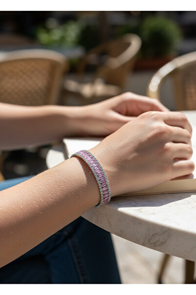 BİJU YILMAZ Vip Silver Pink Colored Baguette Stone Waterway Bracelet - 26Slbv04