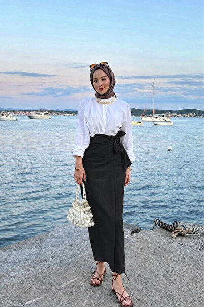 La Querta Φούστα από λινό με φιόγκο και επένδυση - Μαύρο