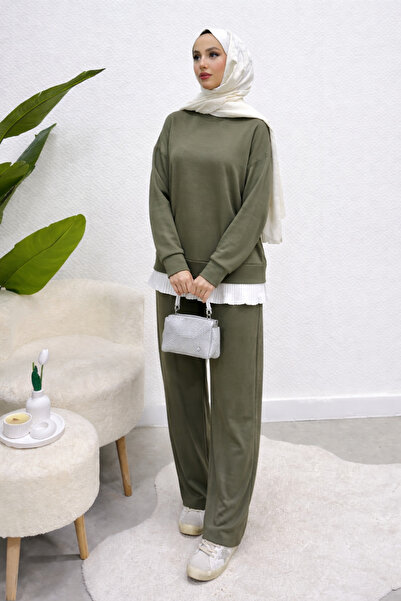Tesettür Diyarı Σετ Τεσεττούρ με Λευκό Πλισέ Ένθετο Κάτω από το Τουνίκ - Χακί