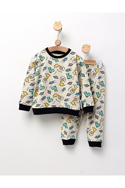 MiniKids BBC Μακρυμάνικες Πιτζάμες, Αστρο-Δεινόσαυρος, Κρεμ Πράσινο