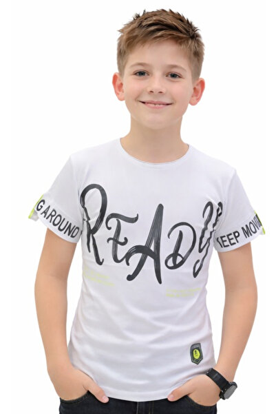 İrem Çocuk Giyim Boy's Ready Text Patterned White Color Short Sleeve T-Shirt