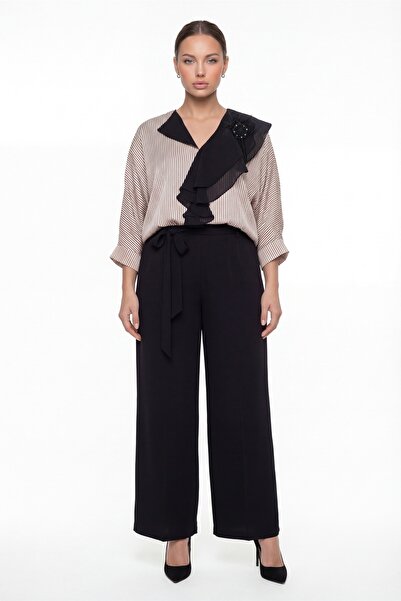 EXİTLİNE Women's Brown Summer Flounce Collar Set with Accessories and Striped...